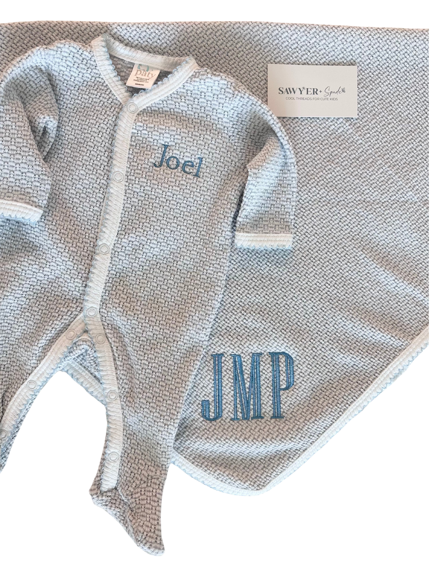 Paty Inc Gray Swaddle Blanket with Blue Trim