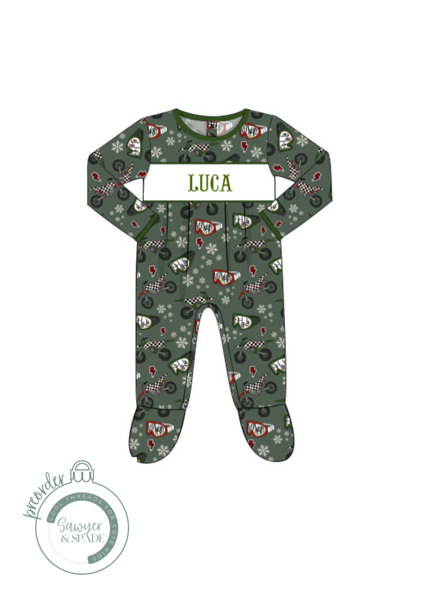 PREORDER Custom Smocked Holiday Dirt Bike Footie