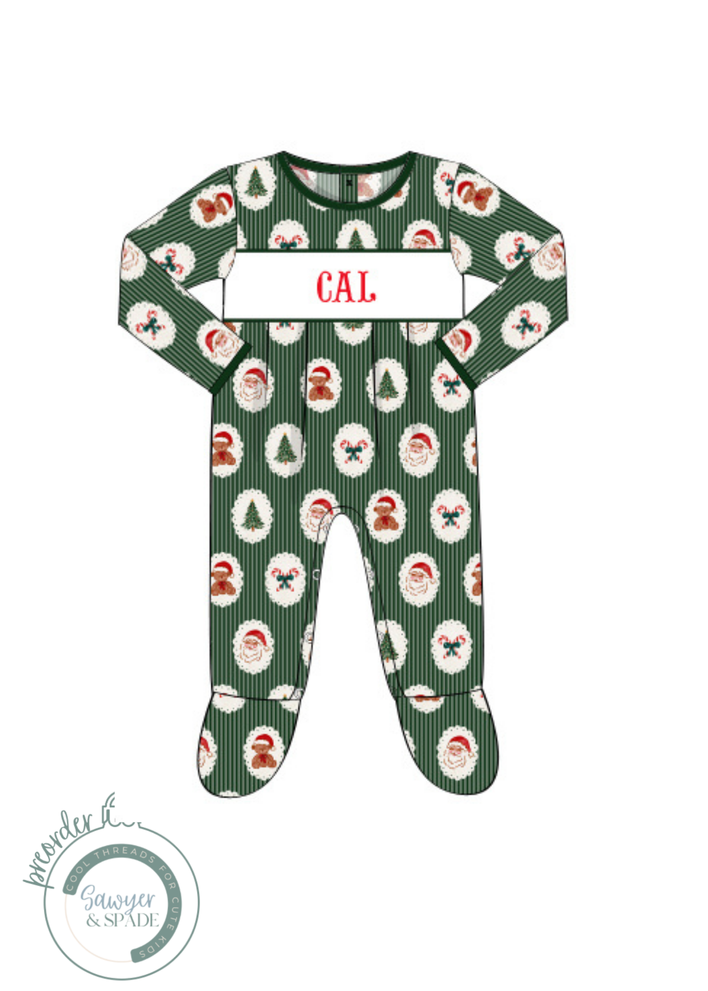 PREORDER Custom Smocked Green Christmas Footie