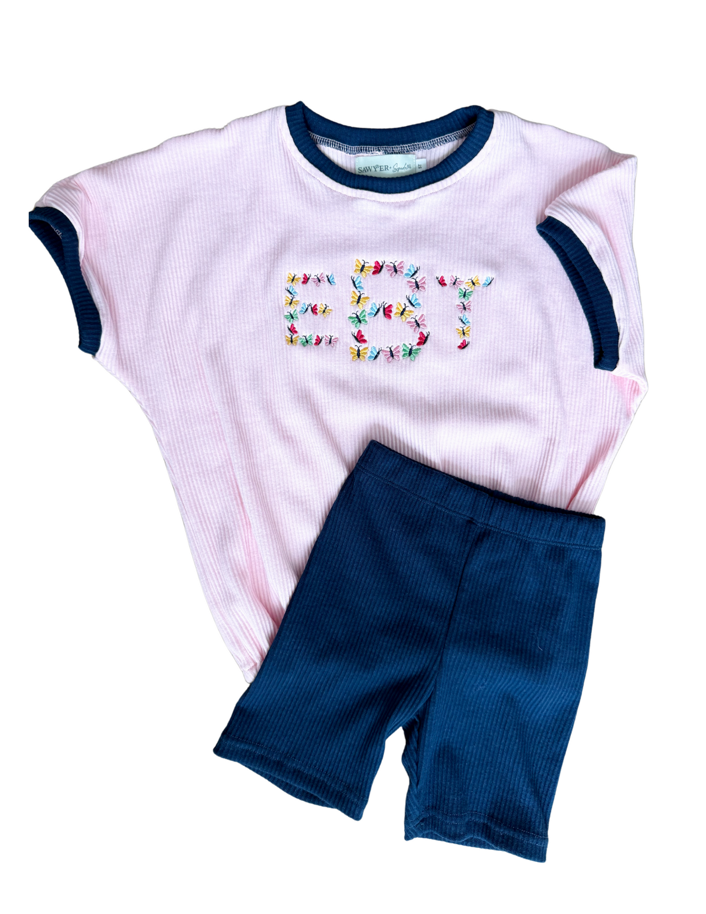 Navy & Pink Ribbed Short Set