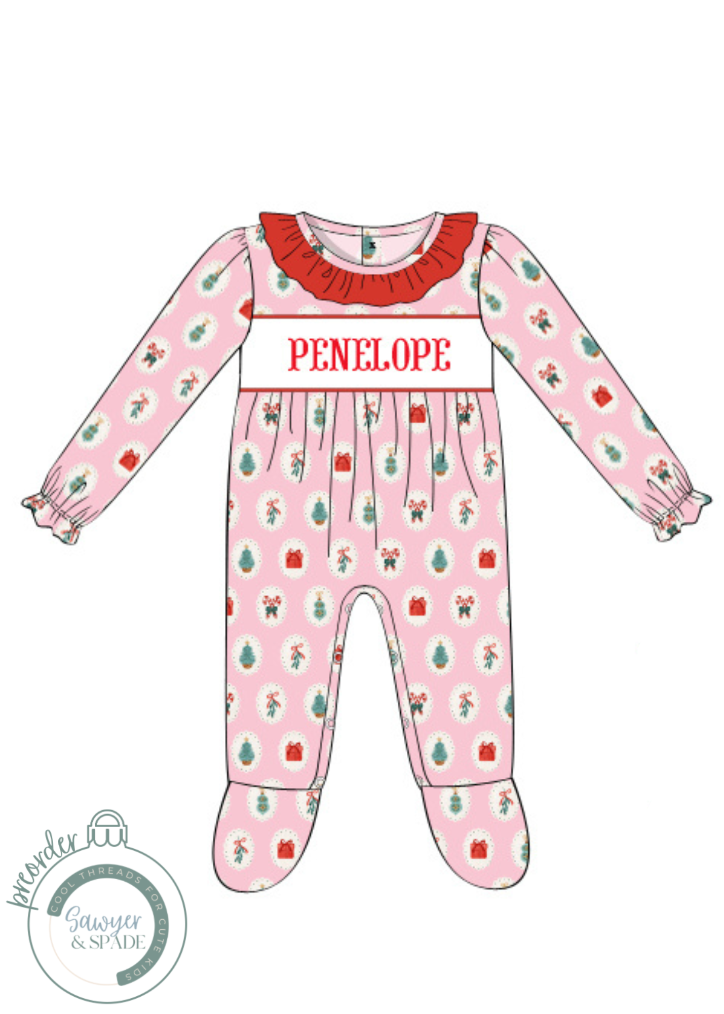 PREORDER Custom Smocked Pink Christmas Footie