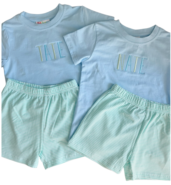 Mint Stripe & Blue Drew Short Set