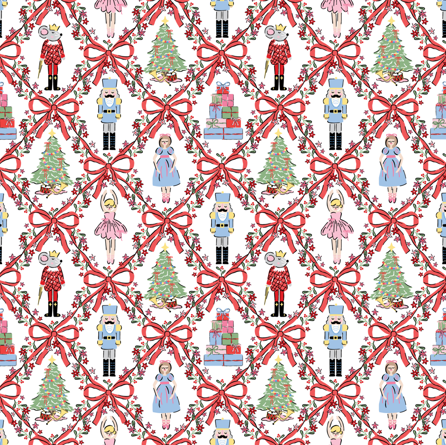 A repeating Christmas-themed pattern on a white background featuring red bows, nutcrackers, girls in pink and blue dresses, Christmas trees, gift boxes, and holly garlands.
