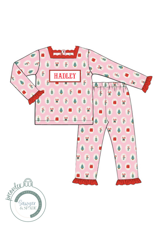 PREORDER Custom Smocked Pink Christmas Pant Set