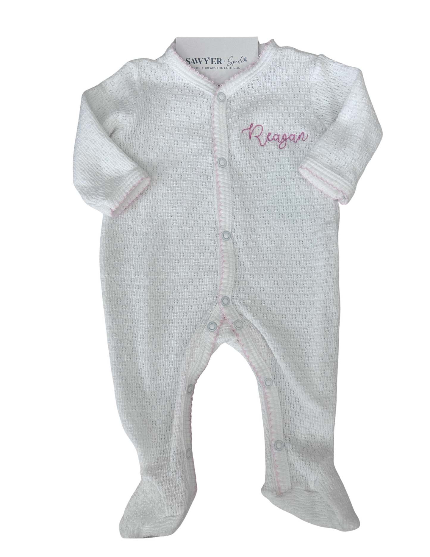 Paty Inc White Knit Footie with Pink Picot Trim