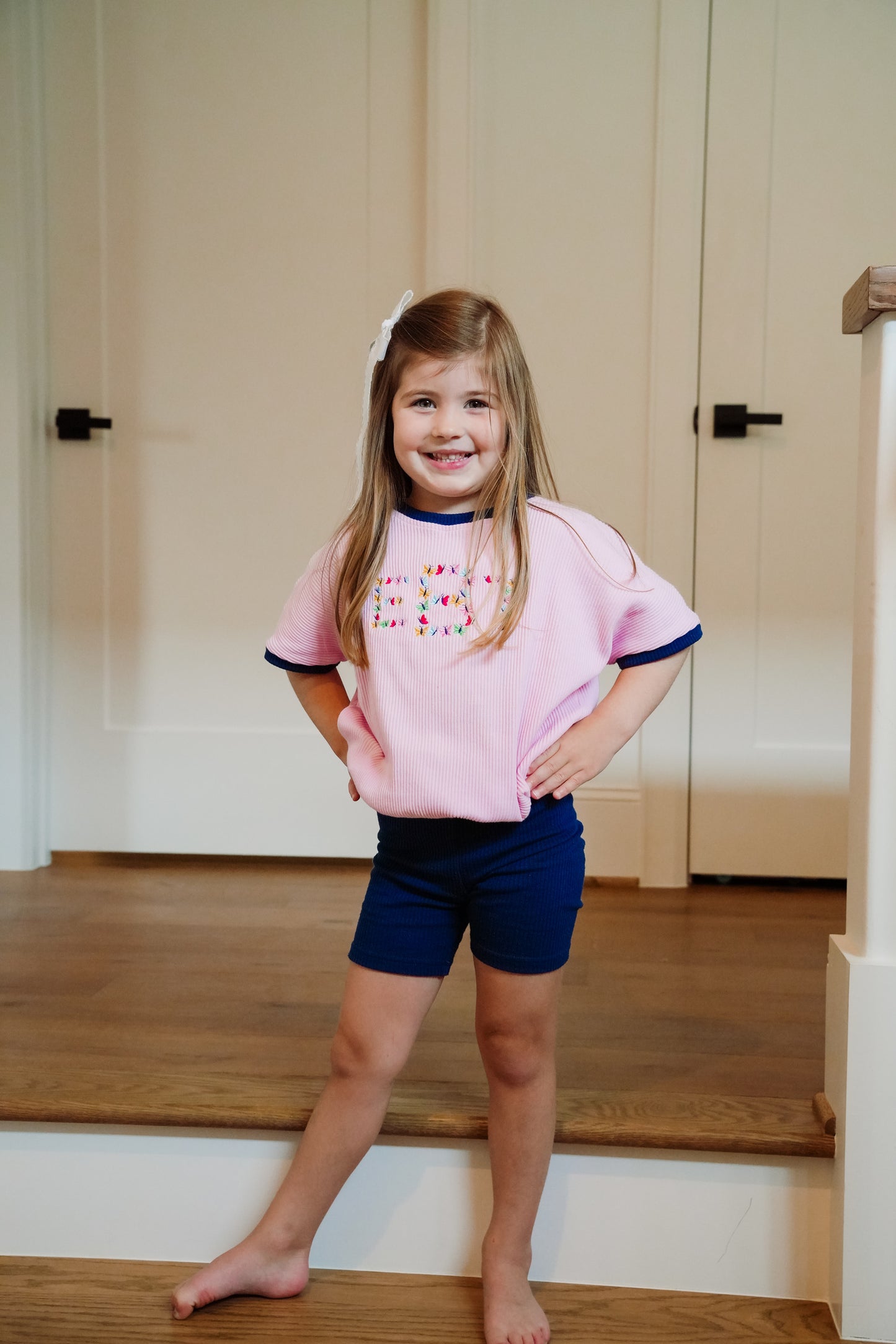 Navy & Pink Ribbed Short Set