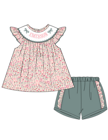PREORDER - Hand Smocked Custom Name Floral Short Set