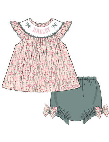 PREORDER - Hand Smocked Custom Name Floral Diaper Set