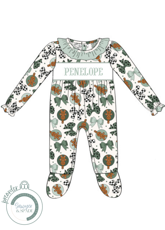 PREORDER Custom Smocked Gingerbread & Bows Footie
