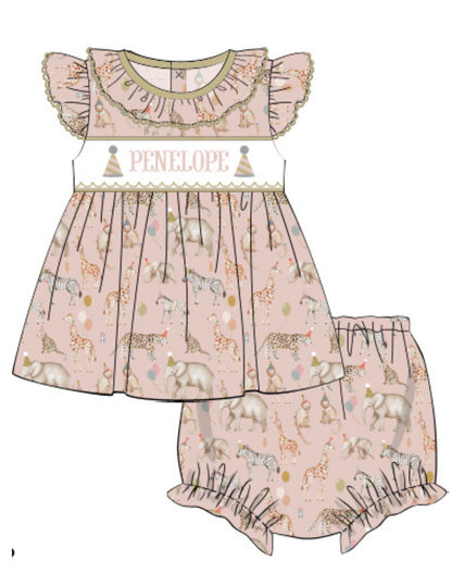 PREORDER - Hand Smocked Custom Name Party Animal Diaper Set