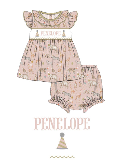 PREORDER - Hand Smocked Custom Name Party Animal Diaper Set