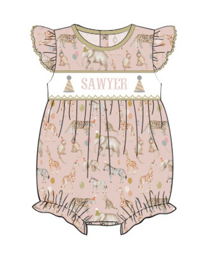 PREORDER - Hand Smocked Custom Name Party Animal Bubble