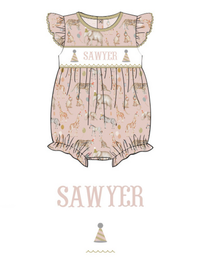 PREORDER - Hand Smocked Custom Name Party Animal Bubble