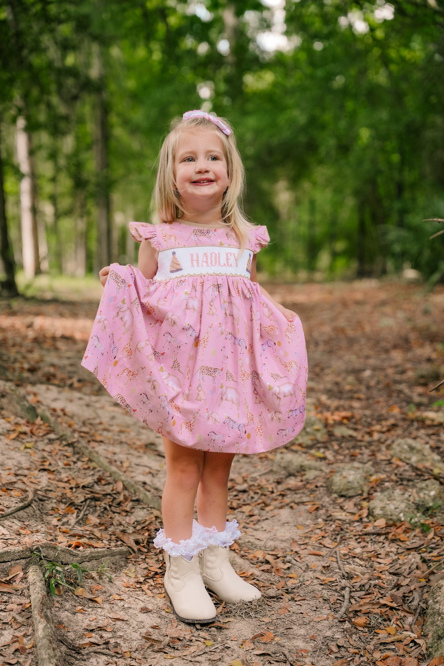 PREORDER - Hand Smocked Custom Name Party Animal Dress