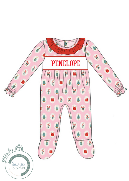 PREORDER Custom Smocked Pink Christmas Footie