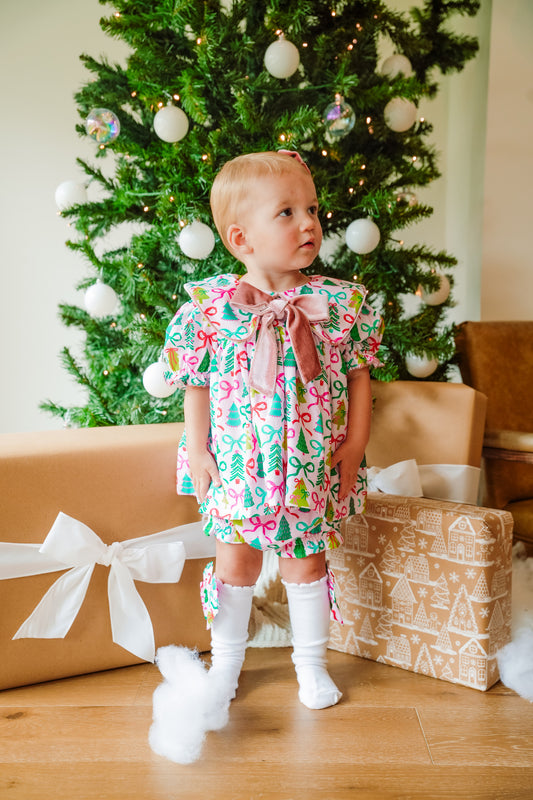 Pink Christmas Tree Diaper Set