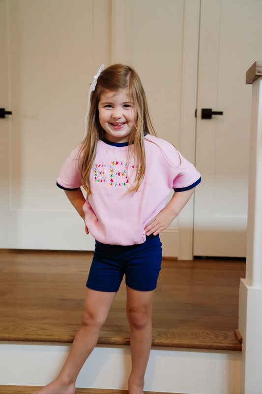 Navy & Pink Ribbed Short Set