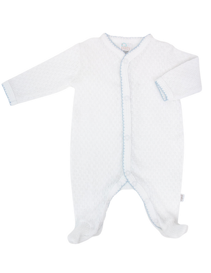 Paty Inc White Knit Footie with Blue Picot Trim