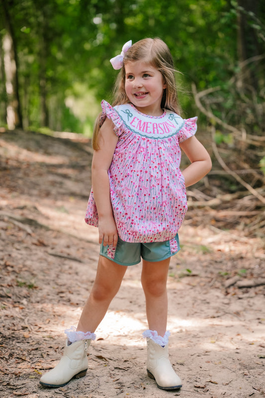 PREORDER - Hand Smocked Custom Name Floral Short Set