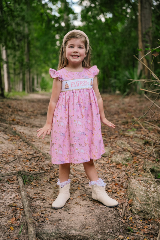 PREORDER - Hand Smocked Custom Name Party Animal Dress