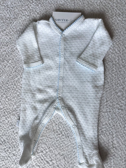 Paty Inc White Knit Footie with Blue Picot Trim