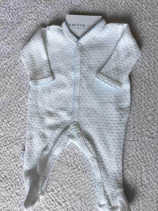 Paty Inc White Knit Footie with Blue Trim