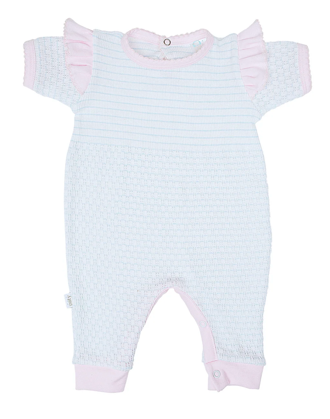 A baby smocked romper in pale blue and white stripes with soft pink ruffle details on the shoulders and cuffs, shown flat on a white background.