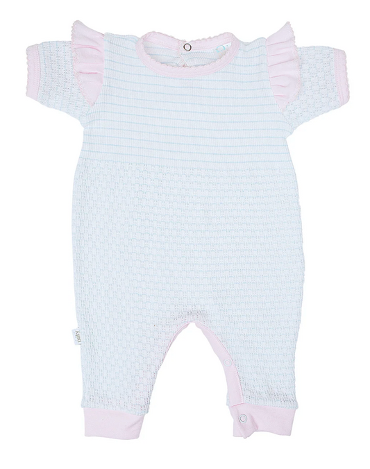 A baby smocked romper in pale blue and white stripes with soft pink ruffle details on the shoulders and cuffs, shown flat on a white background.