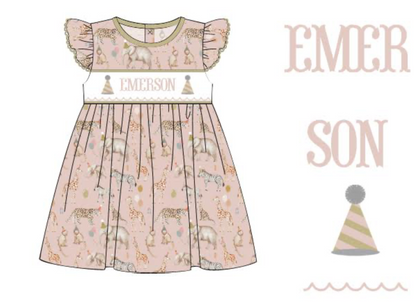 PREORDER - Hand Smocked Custom Name Party Animal Dress