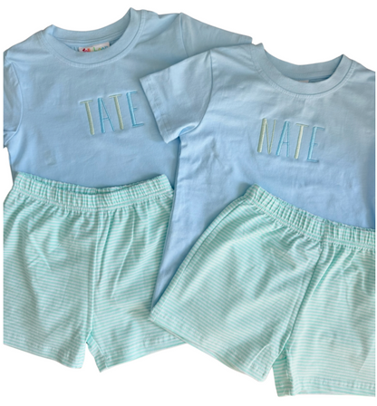 Mint Stripe & Blue Drew Short Set