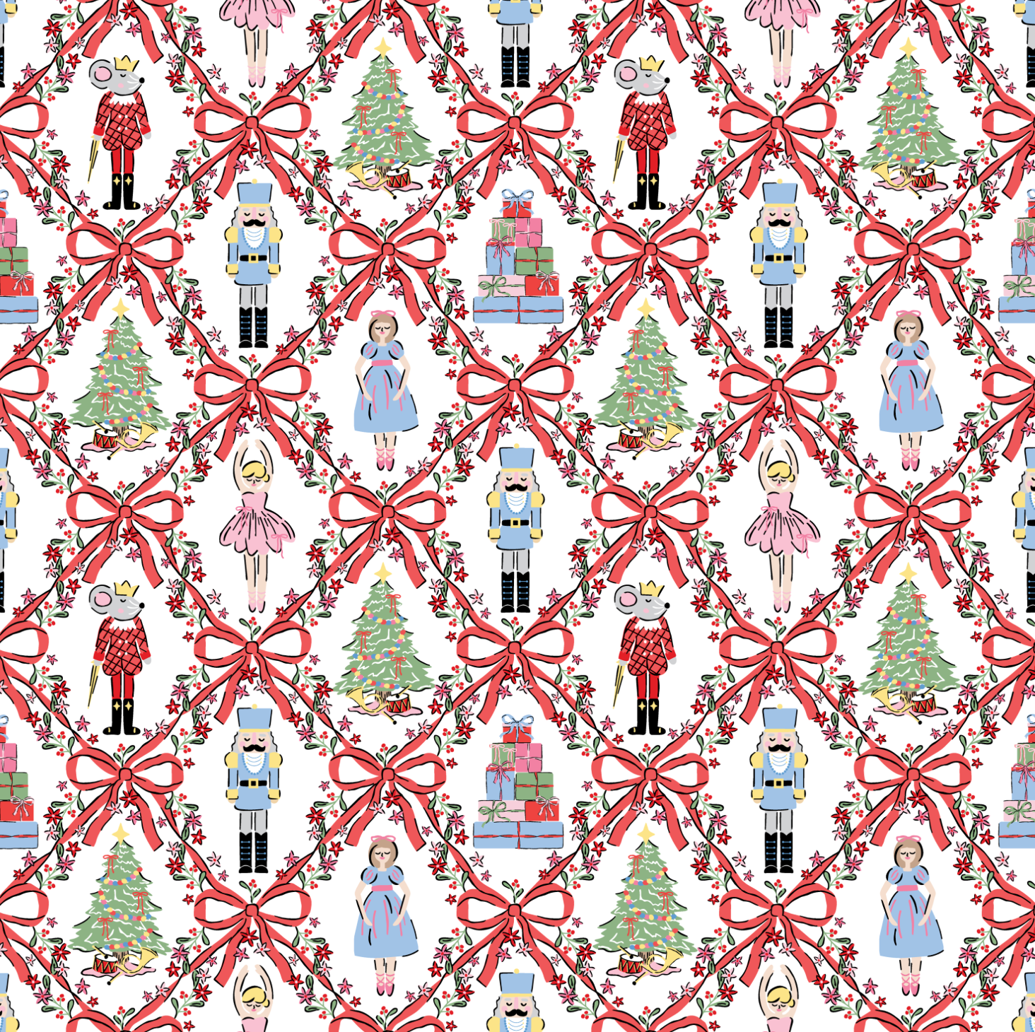 A repeating Christmas-themed pattern on a white background featuring red bows, nutcrackers, girls in pink and blue dresses, Christmas trees, gift boxes, and holly garlands.