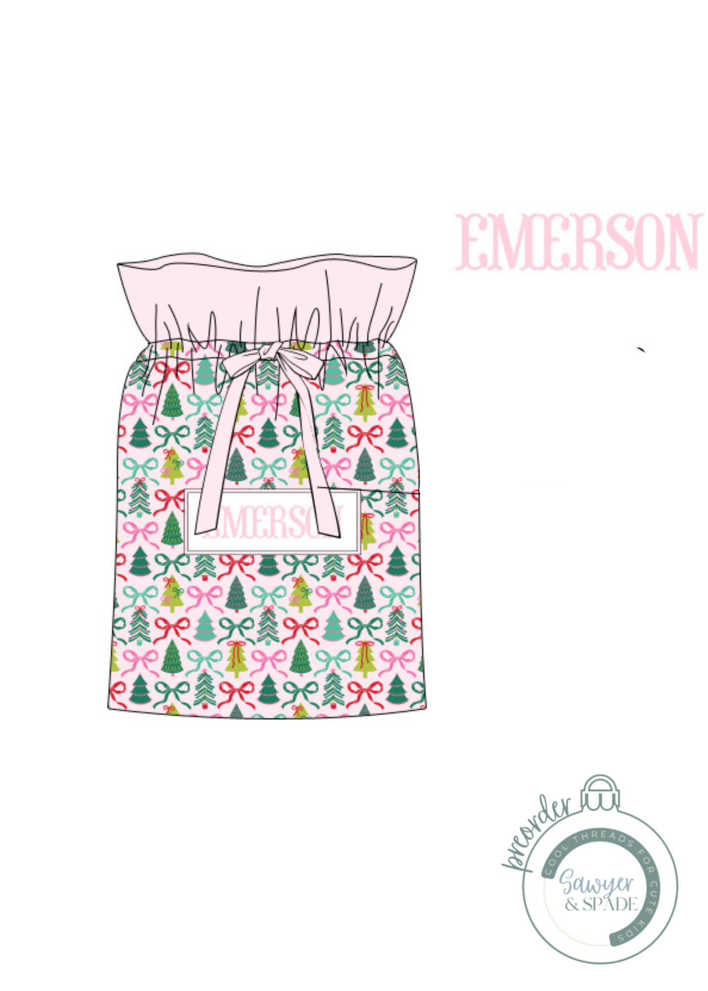 Skirt with Christmas tree and bow pattern on a white background, featuring the brand 'Emerson'.