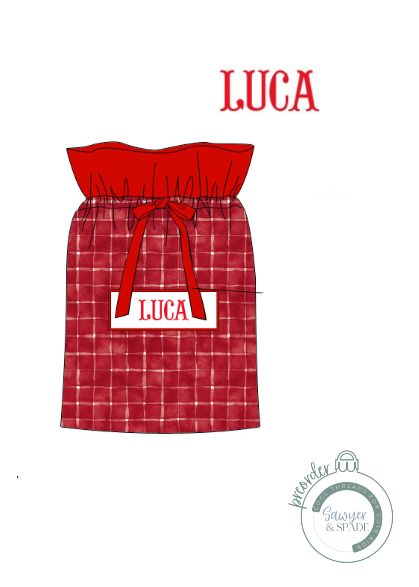 Red apron with 'LUCA' printed on it against a white background
