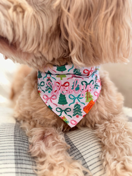 Dog wearing a colorful bandana with text and patterns on a soft surface.