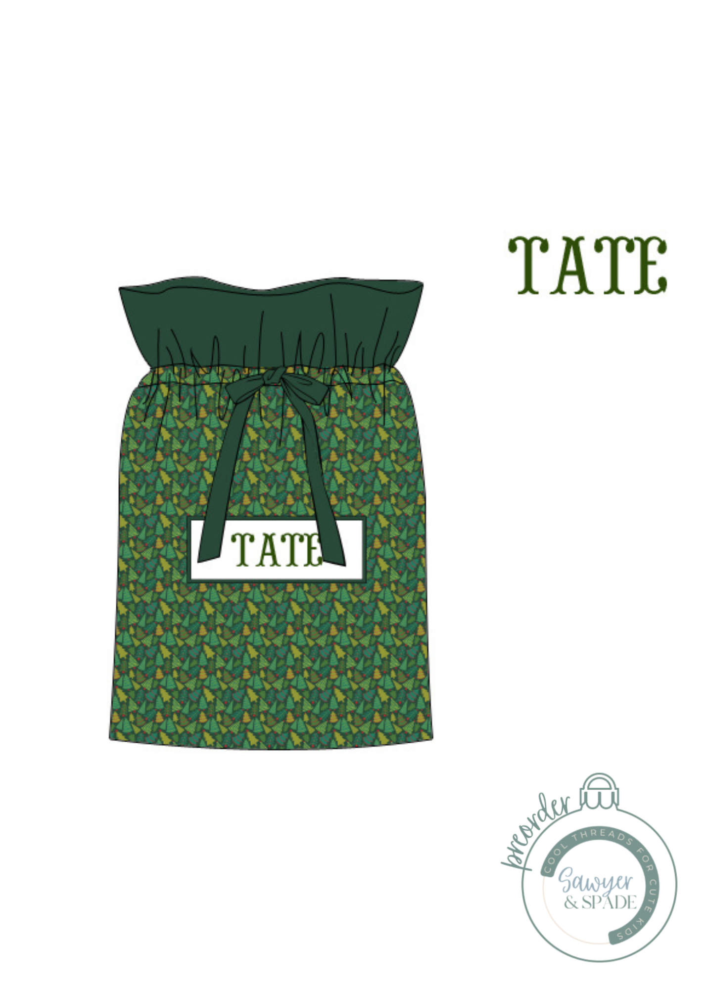 Green patterned dress with 'TATE' branding on a white background