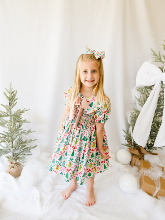 Pink Christmas Tree Dress | Girls Holiday Dress