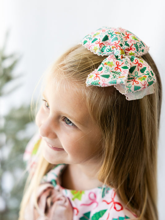 Pink Christmas Ribbon Hair Bow | Girls Christmas Hair Bow