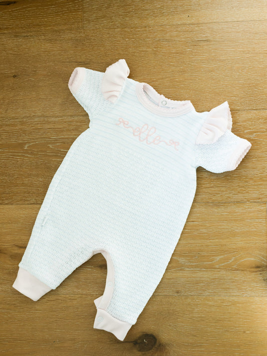 Paty Inc. Pinstripe Short Sleeve Ruffle Romper | Personalized Embroidery